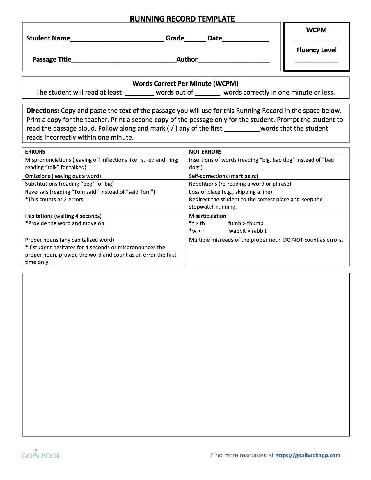 Printable Running Records Printable Running Records